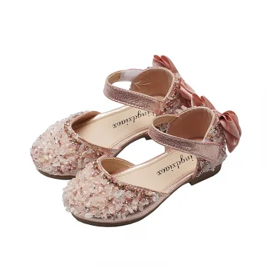 New Kids Leather Shoes Girls Wedding Shoes Children Princess Sandals Sequins Bow Girls Casual Dance Shoes Flat Sandals 6