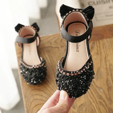 New Kids Leather Shoes Girls Wedding Shoes Children Princess Sandals Sequins Bow Girls Casual Dance Shoes Flat Sandals 4