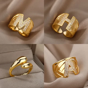 Chunky Wide Zircon Initial Letter Rings For Women Stainless Steel Opening Finger Ring Hip Hop Minimalist Jewelry Gift Femme 1