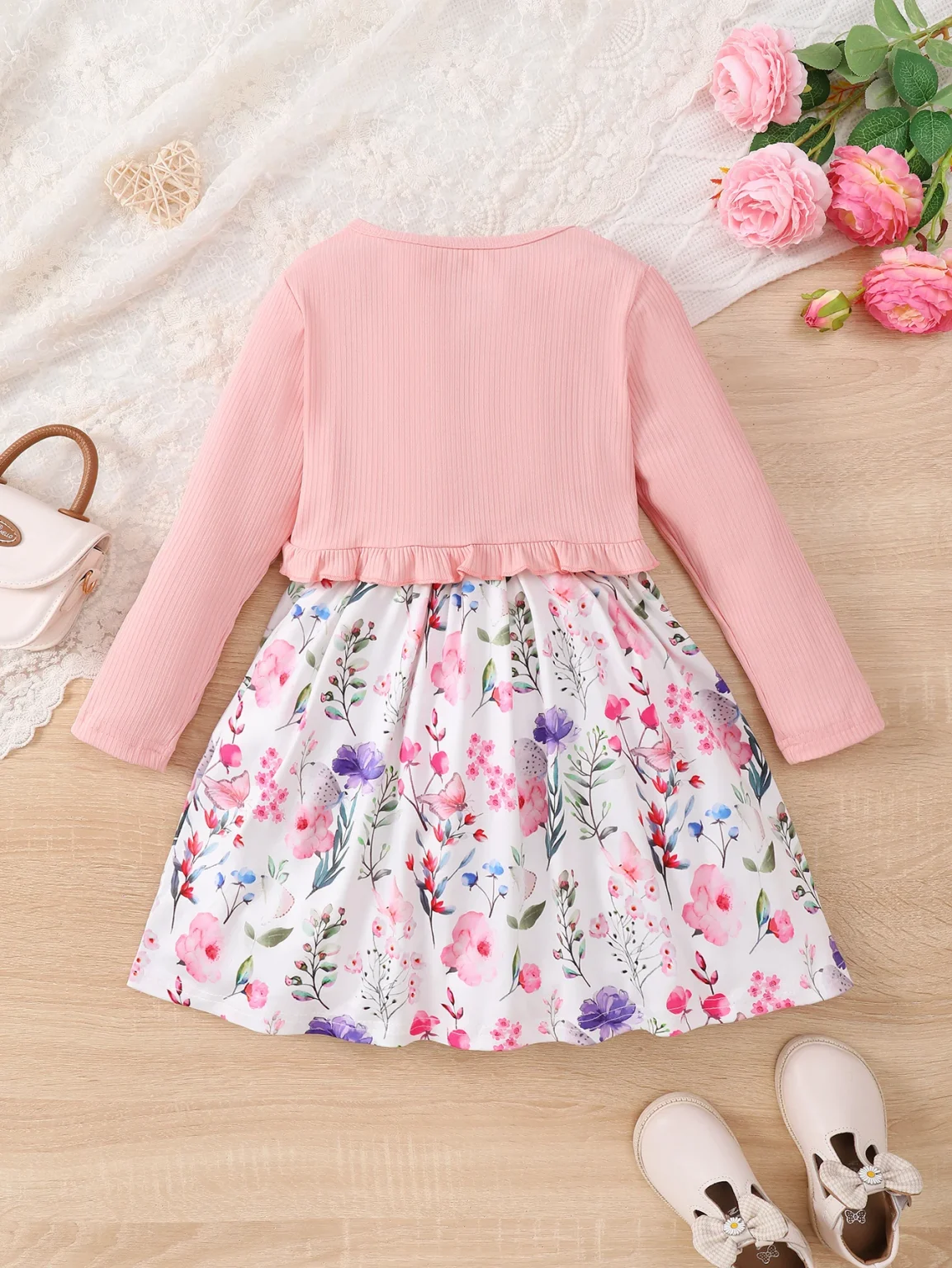 4-7 Years Kids Girls 2PCS Dress Set Solid Knitted Overcoat+Floral Sleeveless Dress with Belt Photography Style Princess Clothing 5