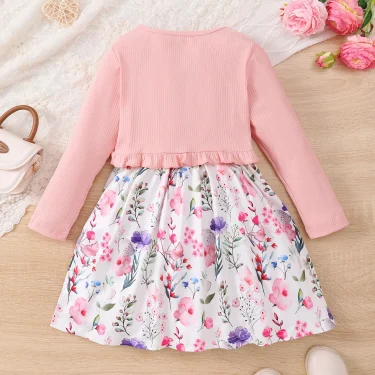4-7 Years Kids Girls 2PCS Dress Set Solid Knitted Overcoat+Floral Sleeveless Dress with Belt Photography Style Princess Clothing 5