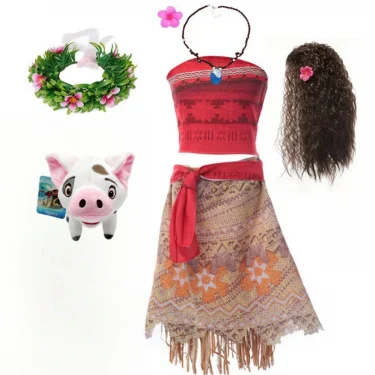 Children Cosplay Moanna Dress Kids Girls Princess Vaiana Clothes Summer Birthday Carnival Party Costume with Necklace Flower Set 1