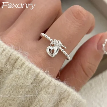 Foxanry Silver Color Love Heart Key Pendant Rings For Women Girls Creative Trendy Simple Sweet Elegant Anniversary Jewelry Gifts 1