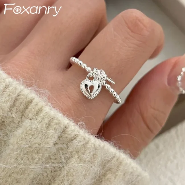Foxanry Silver Color Love Heart Key Pendant Rings For Women Girls Creative Trendy Simple Sweet Elegant Anniversary Jewelry Gifts 1