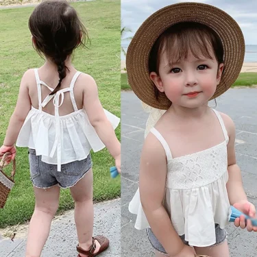 Summer Kids Girl Sling Top Sweet Sling Sleeveles T-shirt Children Clothing Short Tops Toddler Solid Color Bow Vest 6
