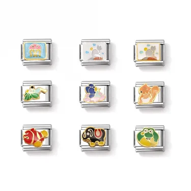 Italian Links Stainless Steel Charms Bracelet Women Enamel Coconut Tree Holiday Scenery Frog Elephant Fit 9mm Making Jewelry 4