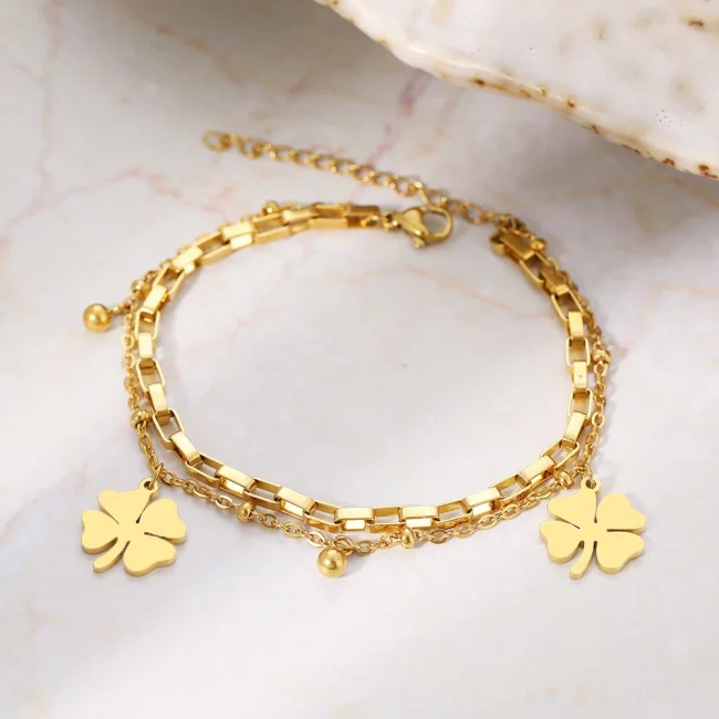 Stainless Steel Bracelets Trendy Fine Bell Clovers Pendant Beads Layer Chain Fashion Bracelet For Women Jewelry Festival Gifts 5