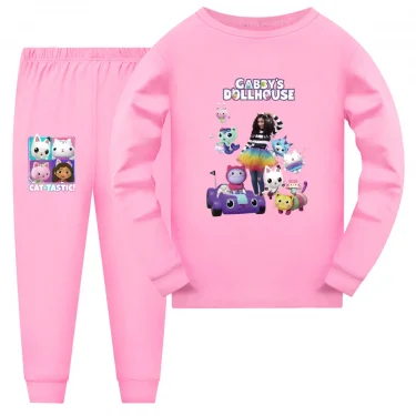 Gabby Doolhouse Pijama Kids Cartoon Gabby Chat Clothes Baby Girls Long Sleeve Tops Pants 2pcs Sets Children's Casual Sleepwear 2