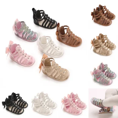 Summer Roman Sandals Open Toe Woven Solid Color High Cut Minimalist Rivet Girl Baby Fashion Flat Sandals 0-18 First Walking Shoe 1