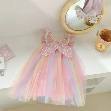Baby Girls Gradient Rainbow Tulle Sling Dress 3D Butterfly Mesh Vestido Vintage Children Wedding Birthday Party Princess Dresses 2