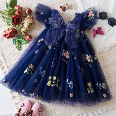 Toddler Baby Girls Party Dresses Back Butterfly Fairy Clothes Kids Lace Embroidery Mesh Tutu Infant Birthday Christmas Dresses 1