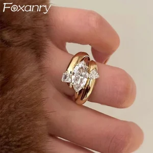 Foxanry Gold Color Sparkling Zircon Rings Set For Women Girls Fashion Creative Elegant Temperament Exquisite Anniversary Jewelry 1