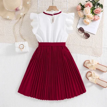 Kids Dress For Girls White Petal Sleeves Pleated Khaki Skirt &Bow tie Preppy Style Elegant Birthday Party Clothes For 8-12 Years 4