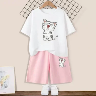 Girls Cute Happy Cat Printed Clothes Set Kids Summer Fashion Short Sleeve T Shirt+Shorts 2pc Suit Children Outfits 1