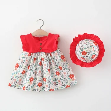 2Piece Set Summer Toddler Dresses For Girls Korean Fashion Flowers Sleeveless Beach Princess Dress+Hat Baby Clothes Outfit BC140 3