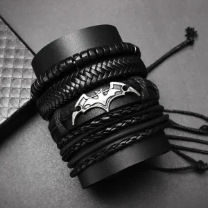 4Pcs/set Leather Beaded Black Bat Bracelet Charming Men's Bracelet New Fashion Hip Hop Punk Accessories Jewelry Gift Wholesale 1