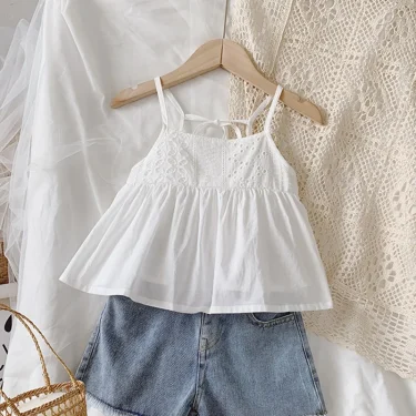 Summer Kids Girl Sling Top Sweet Sling Sleeveles T-shirt Children Clothing Short Tops Toddler Solid Color Bow Vest 2