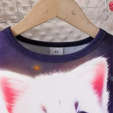 Girls Cute Cat Princess Dress, Long-Sleeved Kitten Print Dress, Casual Children's Cat Fashion Clothing, Theme Party Clothing 3