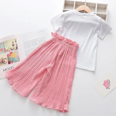 2 3 4 5 6 7 8 Years Summer Girls Clothing Sets New Cotton Fashion Short Sleeved+Wide Leg Pants Casual Two Piece Set Kids Clothes 4