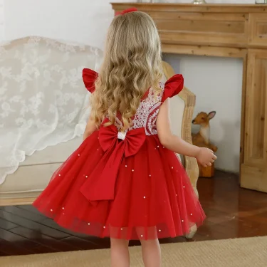 Toddler Girls Red Christmas Dress Lace Princess Party Dress Tutu Dresses for Kids Backless Cute Birthday Wedding Evening Gown 6