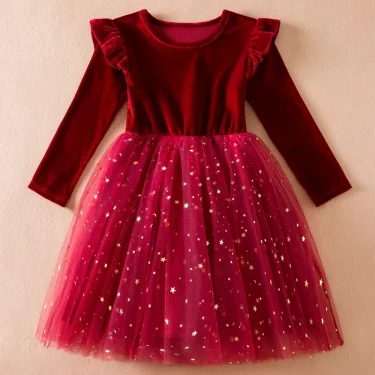 2025 Red Christmas Dress for Baby Girls Winter Long Sleeve Mesh Dresses for 3-8Yrs Kid Star Sequin Birthday Party Princess Dress 1