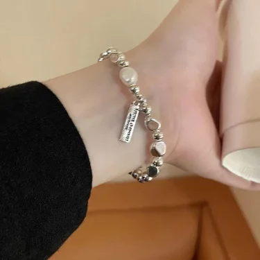 925 Sterling Silver Pearl Bracelets for Women Trend Korean Irregular Luxury Silver Bead Chain Bracelets Party Jewelry Gift 3