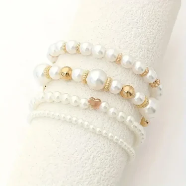 4pcs White Pearl Beaded Bracelets Set for Women Fashion Chic Gold Color Design Hand Chain Bracelet Vintage French Jewelry Gifts 2