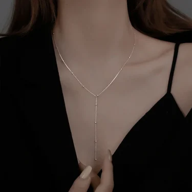 ANENJERY Silver Color Beads Chain Necklace for Women Simple Long Tassel Clavicle Chain Party Jewelry 2