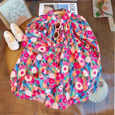 Spring Autumn New Girls Princess Dress Full Print Flowers Long Sleeve Lapel Collar Dress For 2-8 Years Girls Casual Shirt Skirt 4