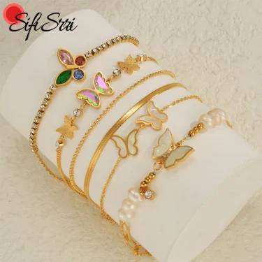 Sifisrri Fashion Colorful Oil Frosted Butterfly Bracelet for Women Stainless Steel Adjustable Gold Color Bangles Jewelry Gift 1