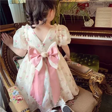 Summer New Girls Princess Dress Full Print Flowers Puff Sleeve Bow Mesh DresseTutu Birthday Party Gown For 2-12 Years Kids 2