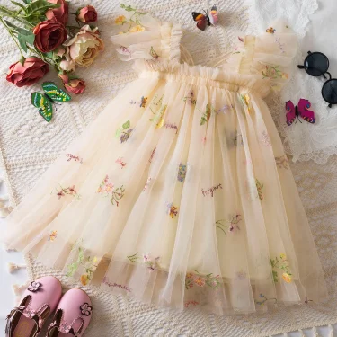 New Baby Girls Floral Dress Butterfly Fairy Tulle Embroidery Princess Dress 1-5Y Kids Dress Cute Baby Birthday Party Dress 2