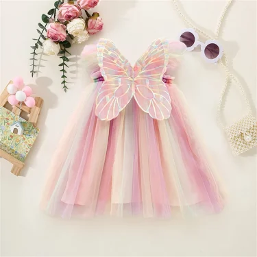 Baby Girls Gradient Rainbow Tulle Sling Dress 3D Butterfly Mesh Vestido Vintage Children Wedding Birthday Party Princess Dresses 1