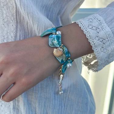 Boho Shell Sea Star Imitation Pearl Pendant Bracelet 2024 Women's Simple Creative Blue Handmade Weaving Girls Beach Jewelry 1