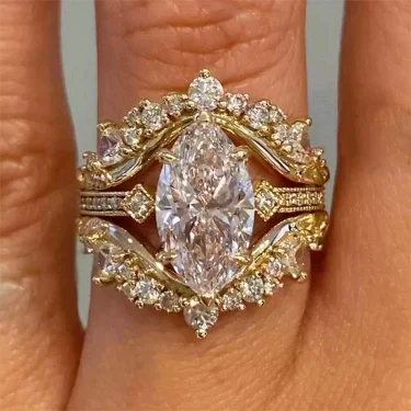 Huitan Gorgeous Marquise Cut Ring for Women 3Pc/Set Elegant Accessories Female Luxury Finger Jewelry for Wedding Ceremony Party 5