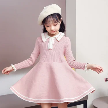 New girl baby sweater knitted dress children warm Sweater dress for girls infant casual pure color Pleated princess dress 5