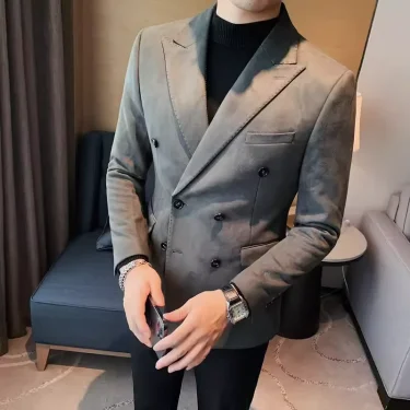 2025 High-quality fashion handsome business casual suede suit jacket men's autumn/winter Korean slim solid color suit 3