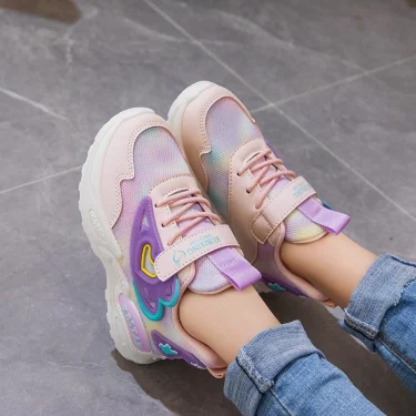 Girls Sports Shoes Kids Running Shoes Pink Breathable Air Mesh Heart Sweet Sneakers Cute Hook & Loop Children's Casual Shoes 4