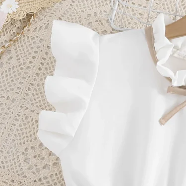 Kids Dress For Girls White Petal Sleeves Pleated Khaki Skirt &Bow tie Preppy Style Elegant Birthday Party Clothes For 8-12 Years 5