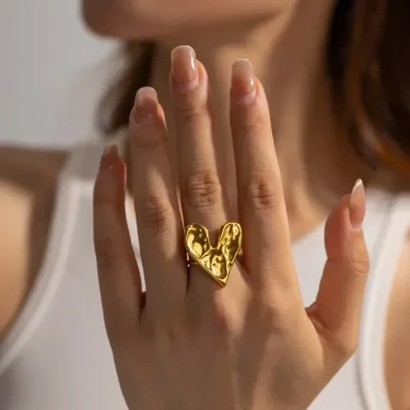 Stainless Steel Hammer Pattern Big Heart Opening Golden Ring for Women Fashion Accessories Texture Design Jewelry Birthday Gifts 1