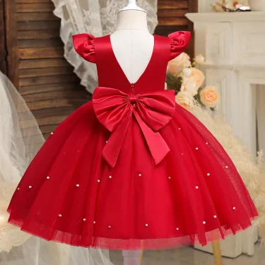 Toddler Girl Red Christmas Princess Dress Cute Baby Girl 1st Birthday Party Tutu Gown Newborn Backless Bow Beading Xmas Costume 1