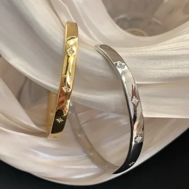 Real 925 Sterling Silver Smooth Cuff Bangles for Women Men Shine Zirconia Star Open Bracelet Wedding Jewelry Pulseiras De Prata 2