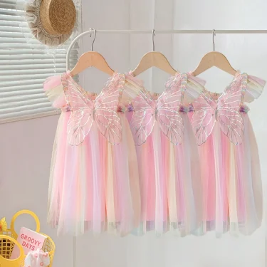 Baby Girls Gradient Rainbow Tulle Sling Dress 3D Butterfly Mesh Vestido Vintage Children Wedding Birthday Party Princess Dresses 6