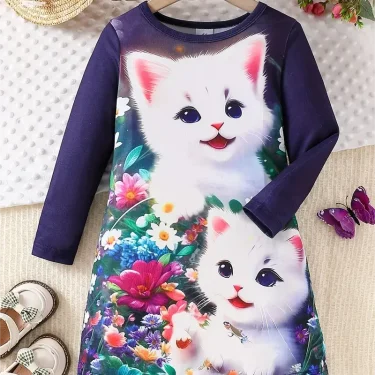 Girls Cute Cat Princess Dress, Long-Sleeved Kitten Print Dress, Casual Children's Cat Fashion Clothing, Theme Party Clothing 2