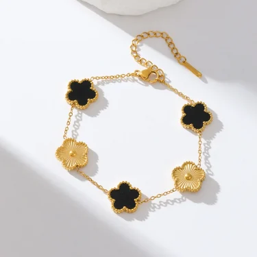 EILIECK 316L Stainless Steel Five Leaf Clover Bracelet For Women Trendy Black Flower Wrist Chain Gold Color Jewelry Holiday Gift 3