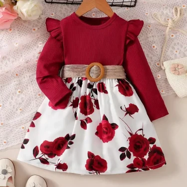 1-7 Years Children Girls New Year Dress Red Long Sleeved Flower Skirt for Birthday Wedding Party Wear Fashion Autumn Outfits 1