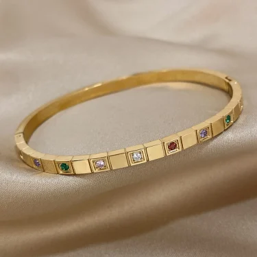 New Inlaid Square Small Colored Zircon Stainless Steel Bangle Bracelet for Women Luxury Gold Plated Cubic Zirconia Bracelets 5