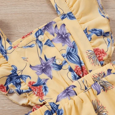 Summer girls conservative commute less sook flower print lace camisole yellow square collar pleated elastic romper 5