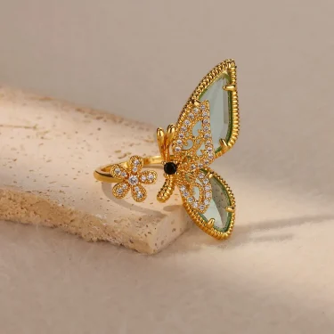Zircon Crystal Butterfly Flower Rings for Women Open Adjustable Finger Ring Waterproof Fashion Wedding Stainless Steel Jewelry 2