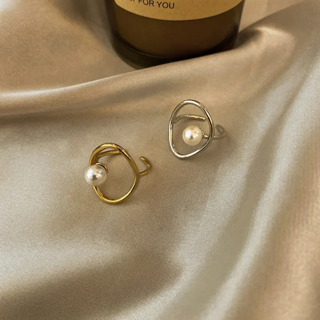 LIVVY New Fashion Silver Color Adjustable Pearl Rings For Women Simple France Hollow Geometric Elegant Wedding Jewelry 3